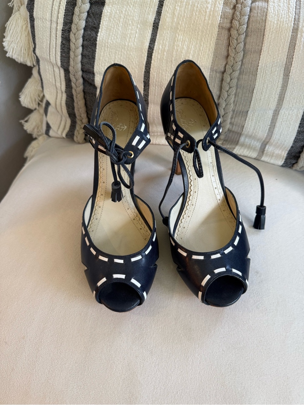 Brooks Brothers Black and White Peep-Toe Lace-Up Heels
